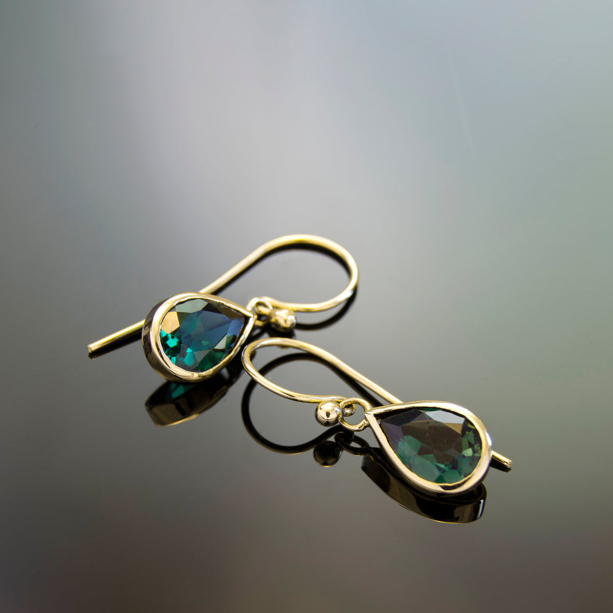 EG2240-3 Dangle Gold Earrings with Teardrop Green Spinel