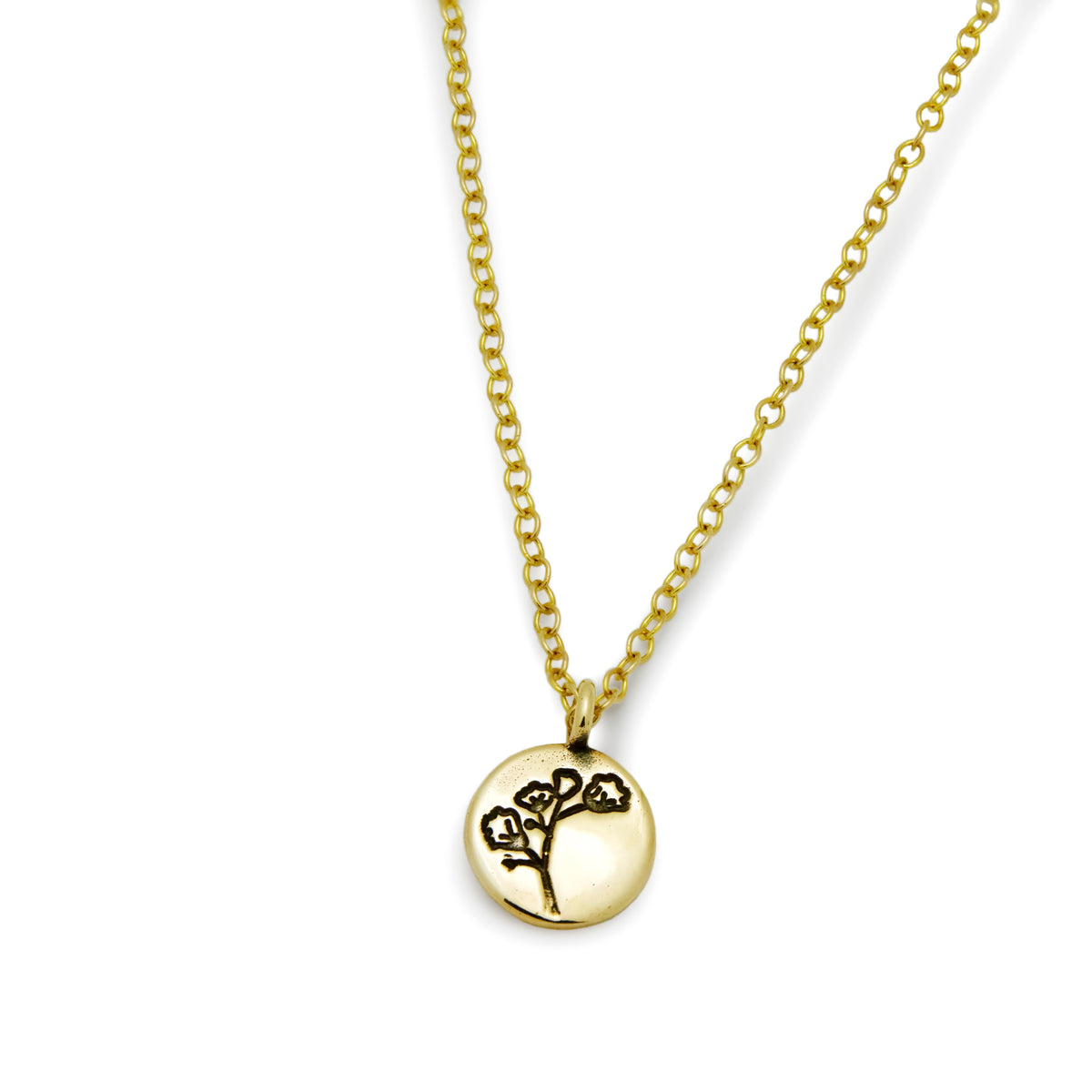 NG4768B Gold Necklace with Round Hand-Stamped Flowers Pendant