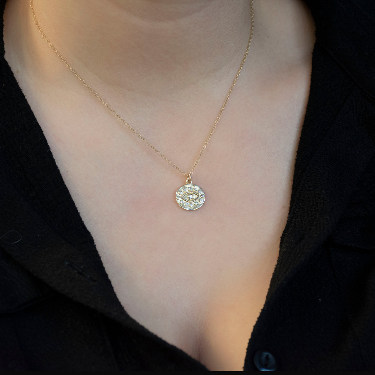 NG4778 Gold Evil Eye Charm Necklace with Diamonds