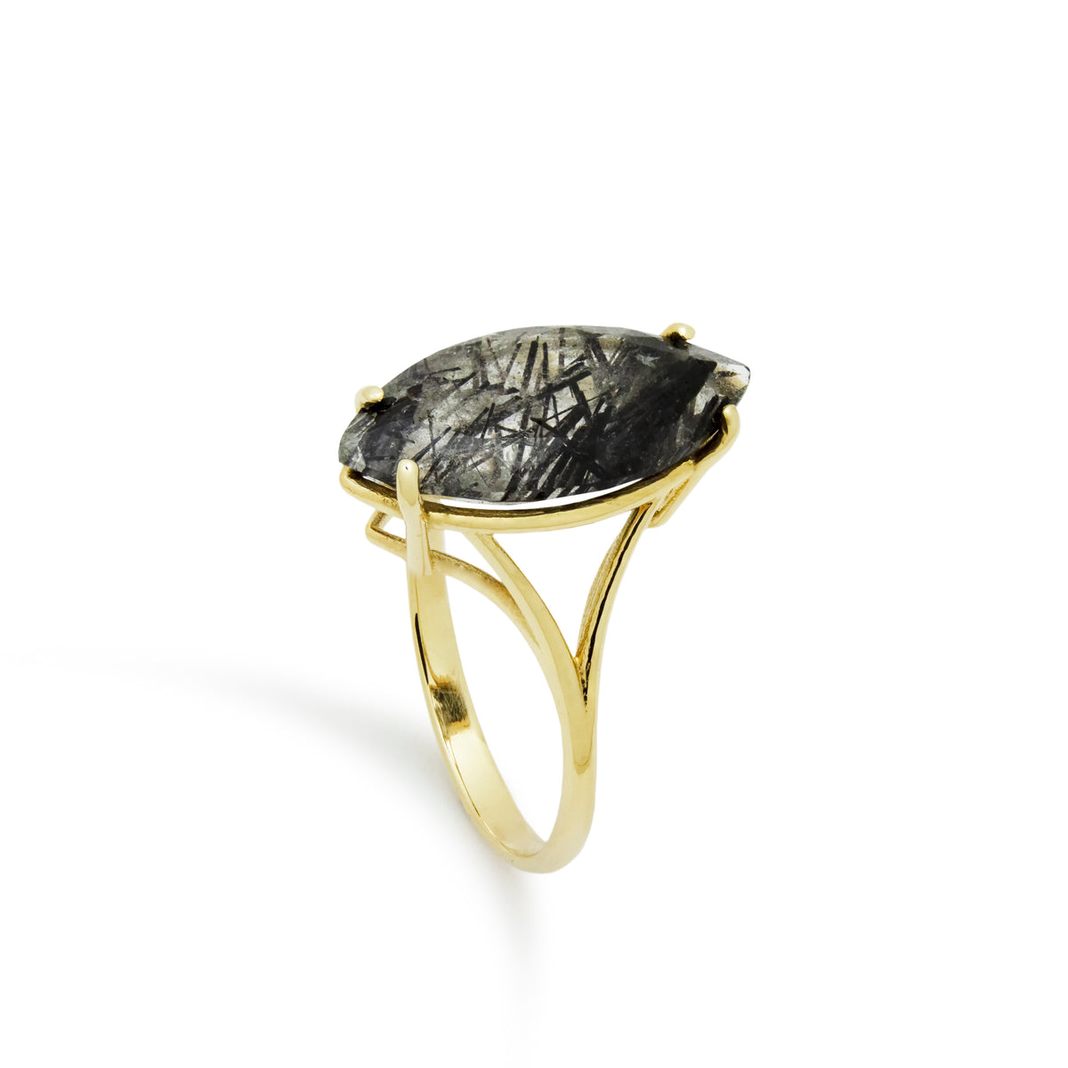 RG1909 Statement Gold Ring with Marquise Black Rutilated Quartz