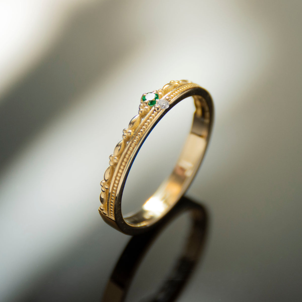 RG1920 Floral-Inspired Gold Emerald and Diamond Ring