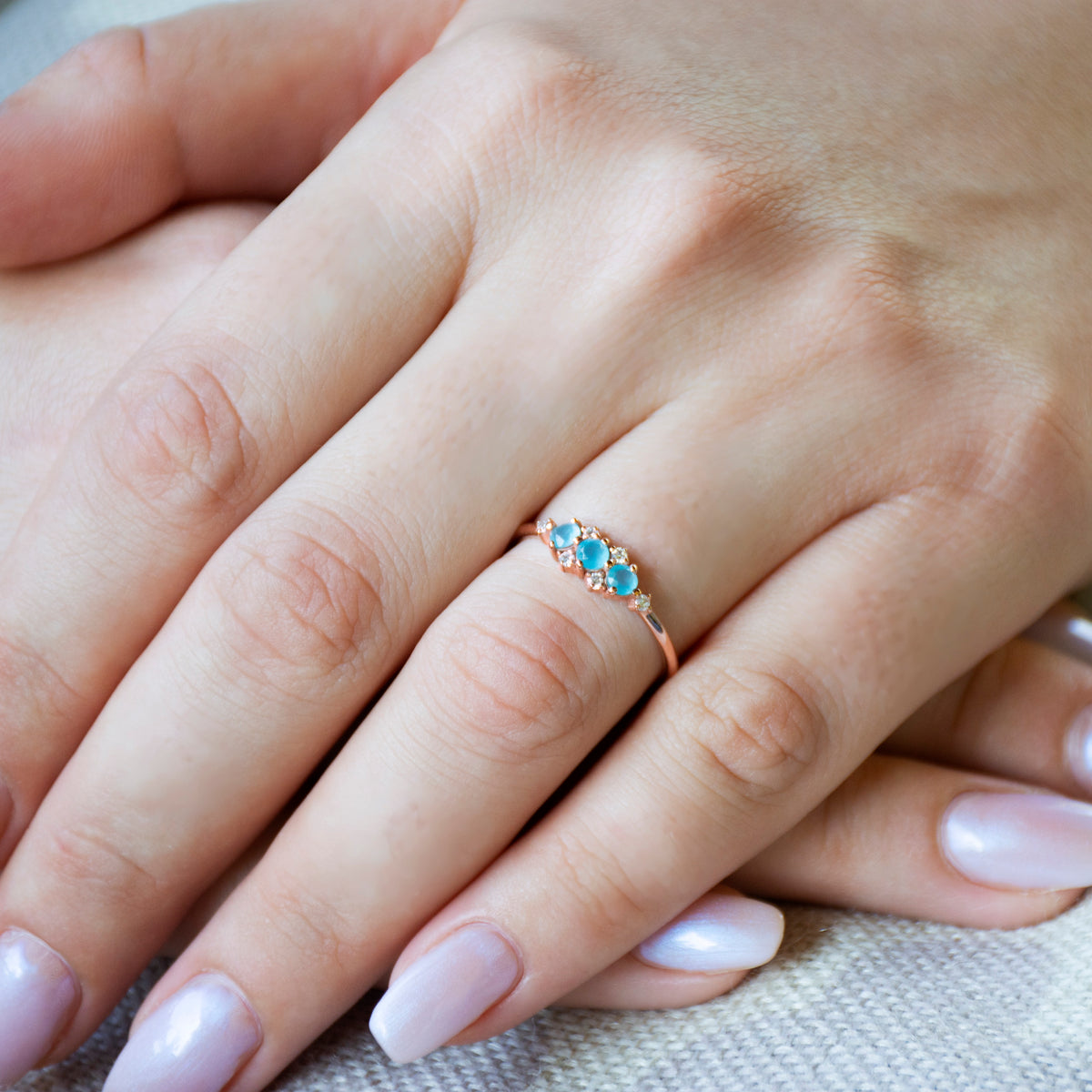 RG1940 Blue Quartz And Diamond Halo Engagement Rose Gold Ring In Chic Design