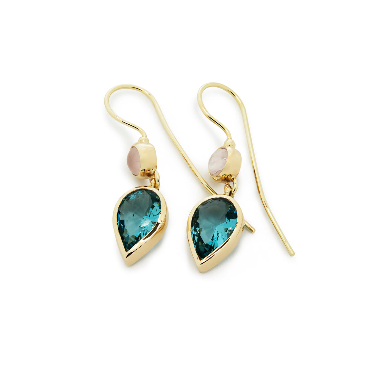 EG2240A Gold Teardrop Earrings with Blue Topaz and Rose Quartz