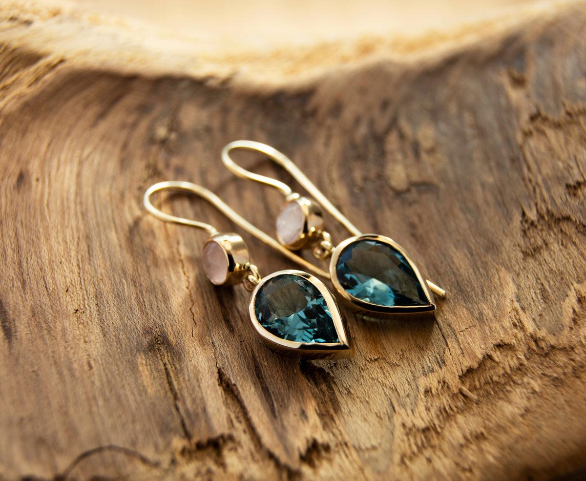 EG2240A Gold Teardrop Earrings with Blue Topaz and Rose Quartz