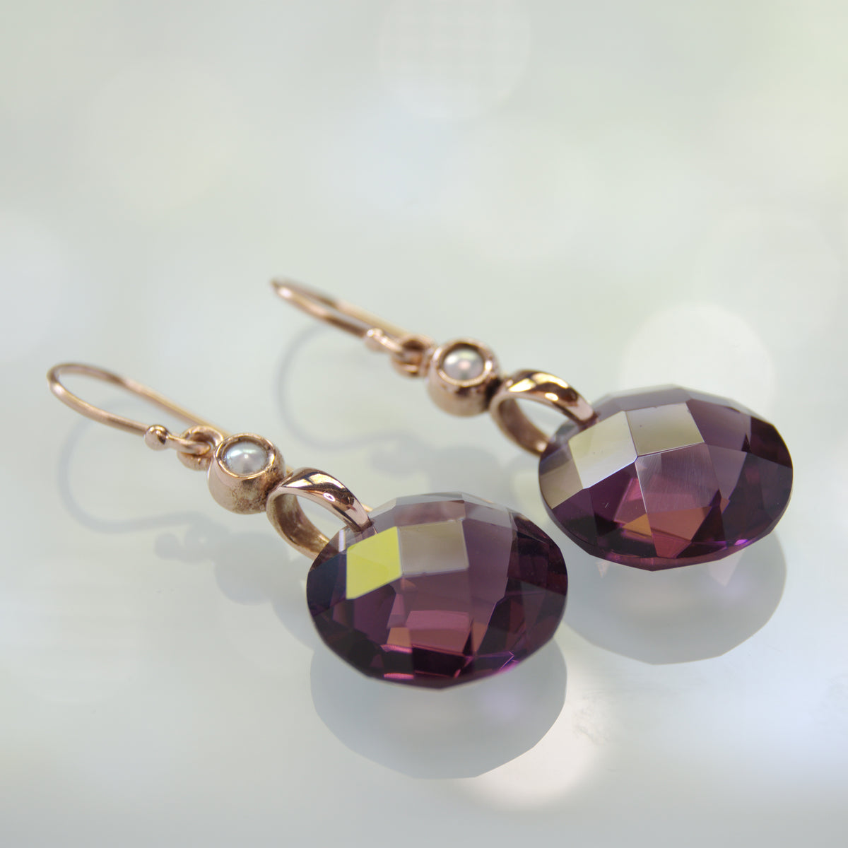 EG7895 Purple Quartz and Gold Earrings with Tiny Pearls
