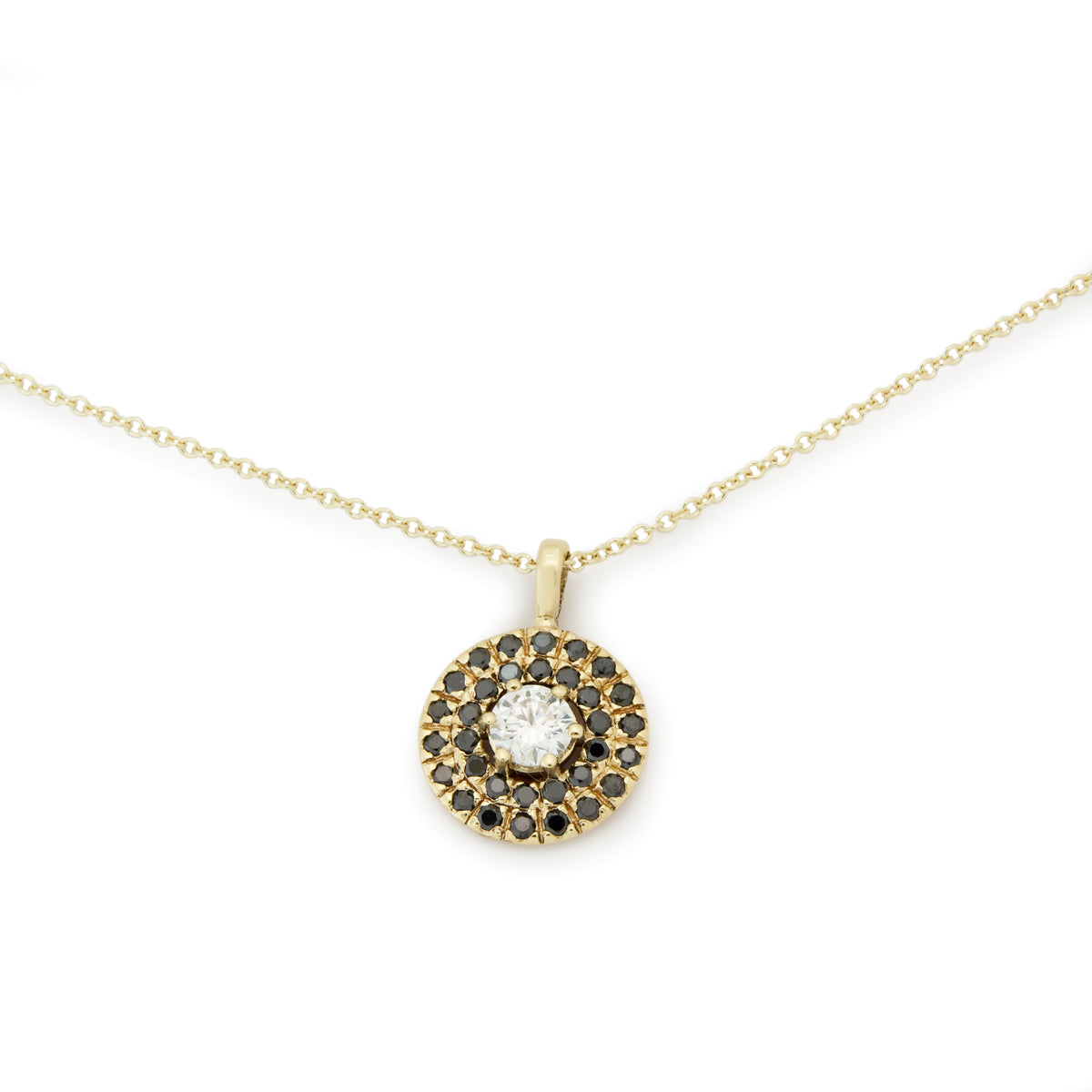 NG4776 Gold Necklace with Round Pendant set with Black and Clear Diamonds