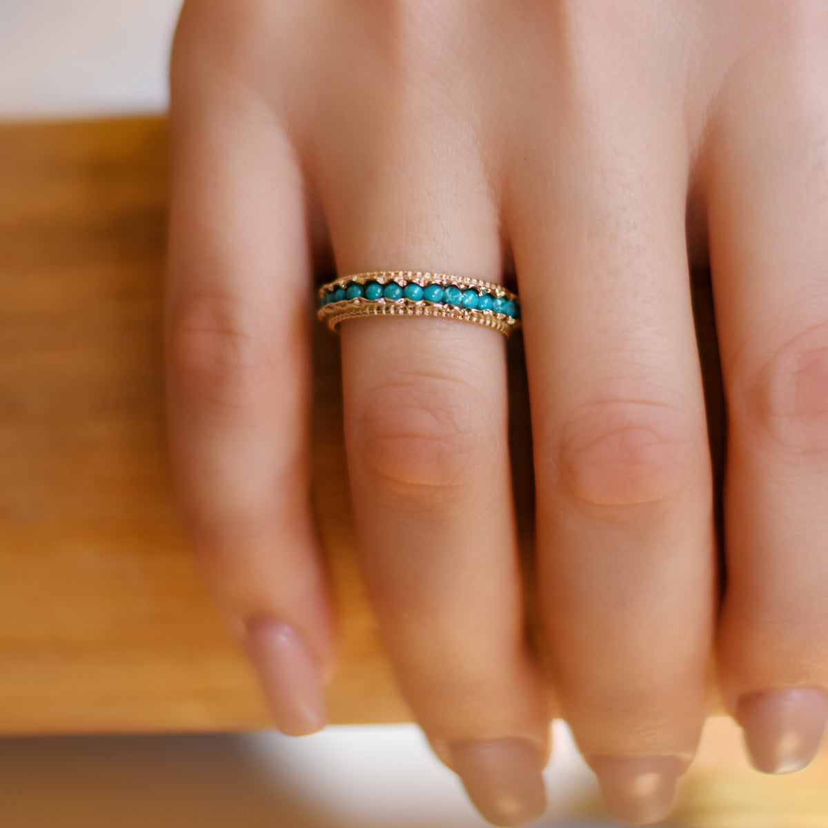 RG1859 Gold Eternity Ring with Dotted Edge and Turquoise Stones