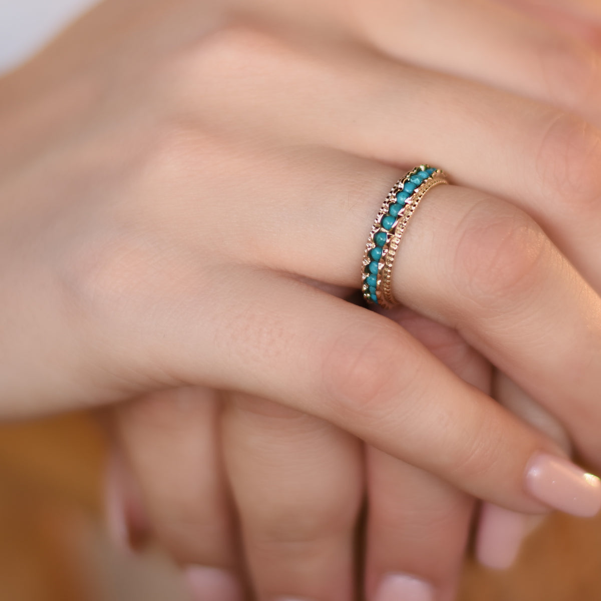 RG1859 Gold Eternity Ring with Dotted Edge and Turquoise Stones