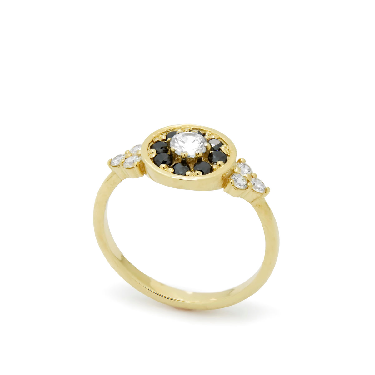 RG1897 Elegant Gold Flower Ring with Black and Clear Diamonds