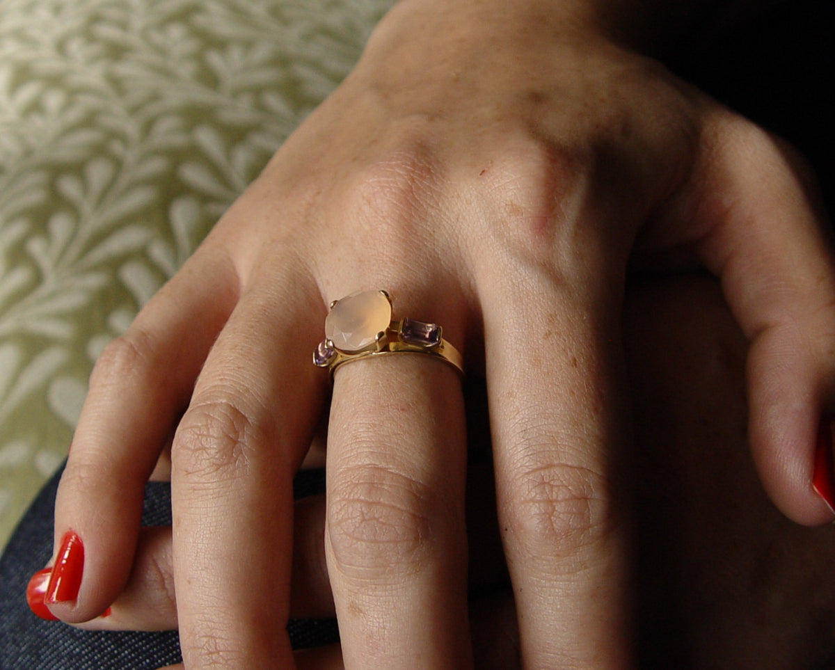 RG1244-3 Rose gold ring with Roze Quartz and Amethyst