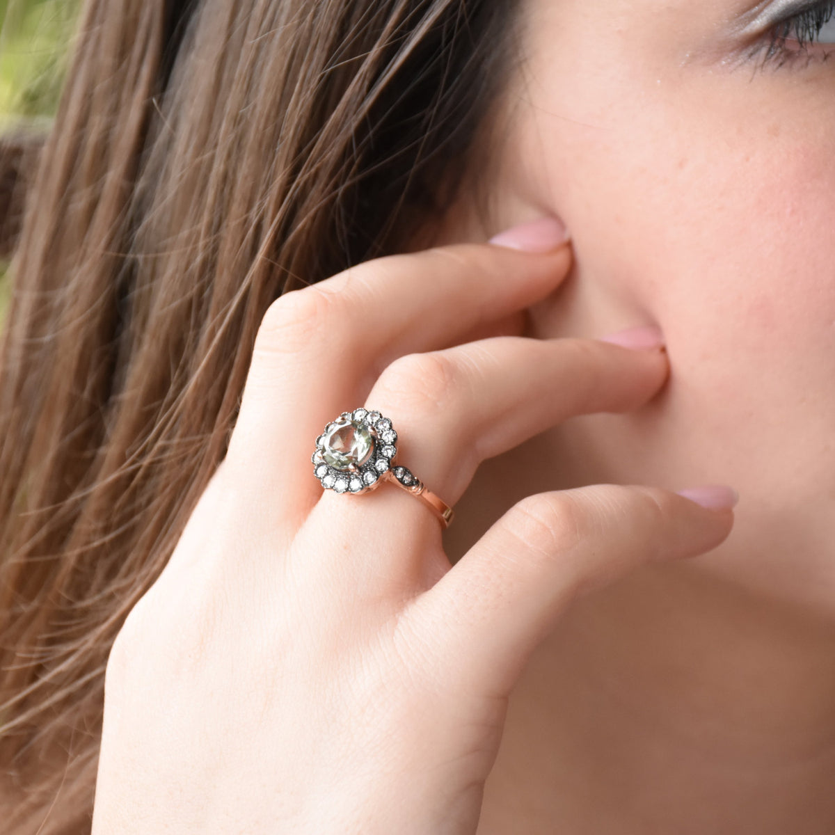 RG1812 Green Amethyst and Rose Gold flower ring