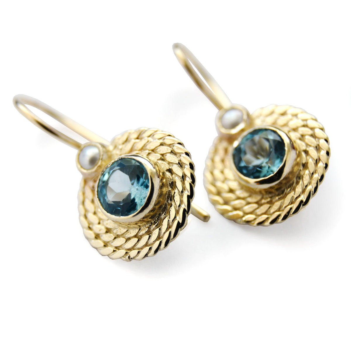 EG0761 Gold Braided Drop Earrings with Topaz and Pearls