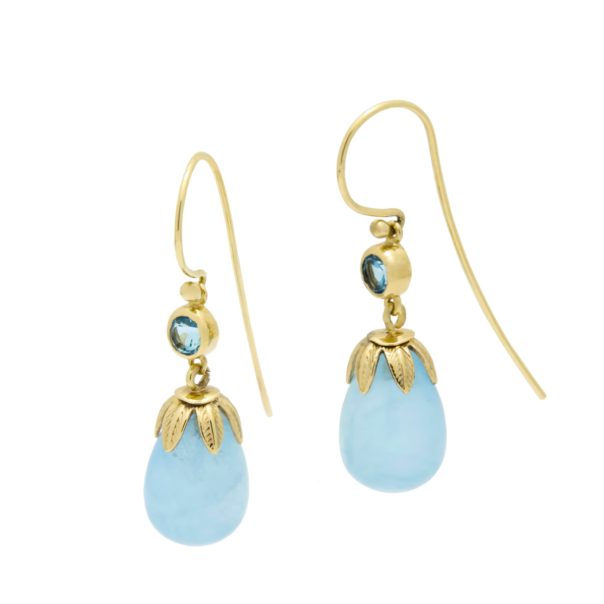 EG0759B Gold Drop Earrings with Aquamarine and Topaz in Leaf Crown Design