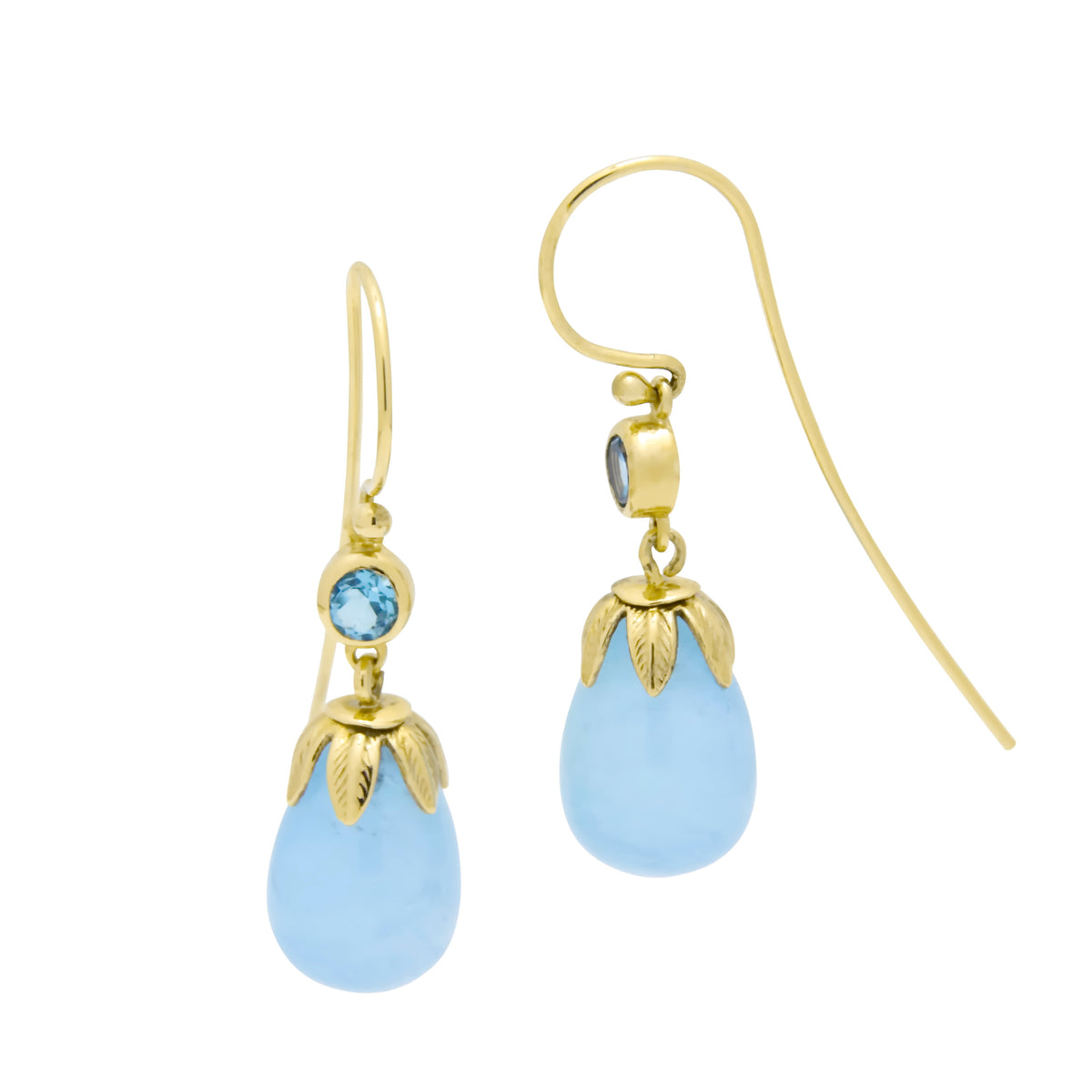 EG0759B Gold Drop Earrings with Aquamarine and Topaz in Leaf Crown Design