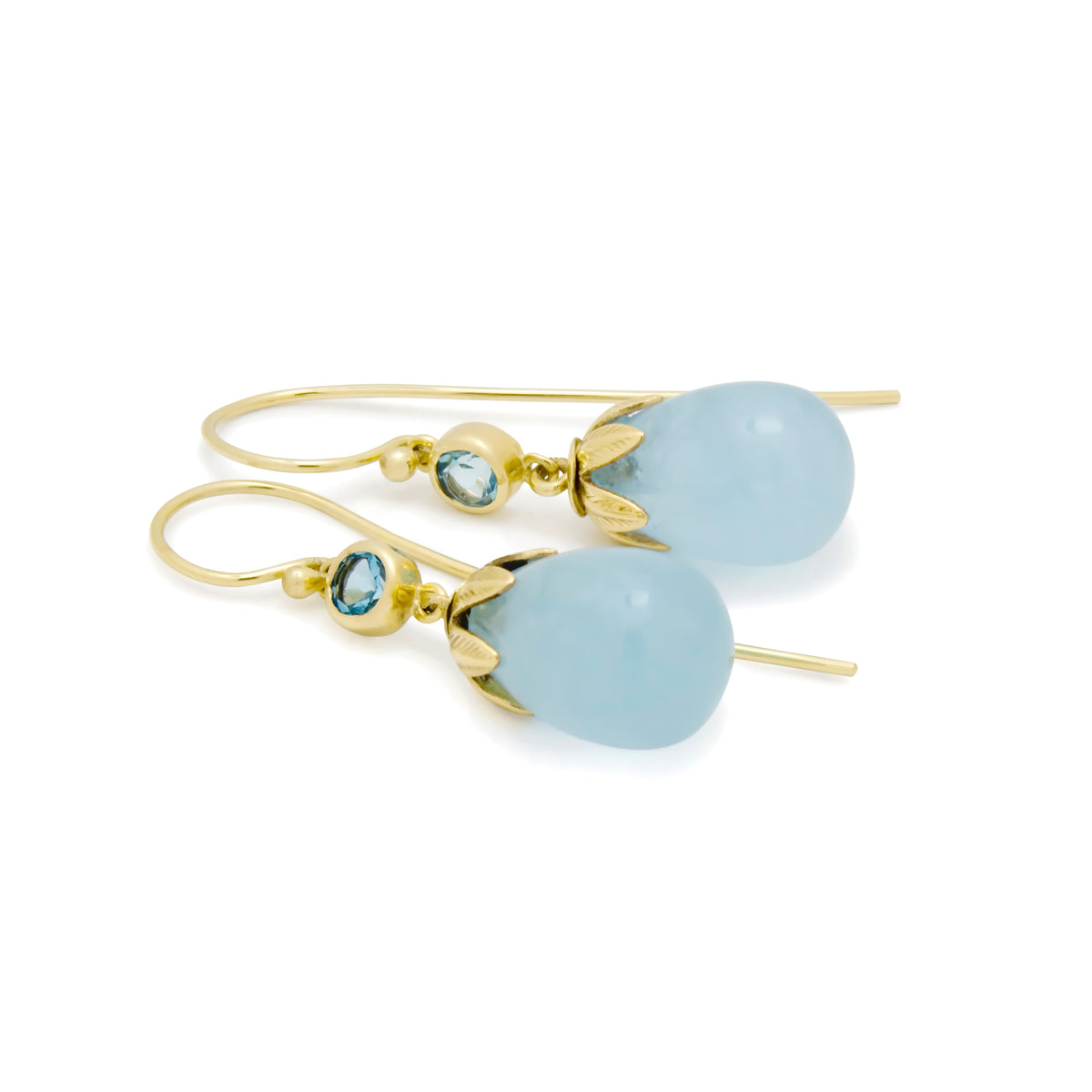 EG0759B Gold Drop Earrings with Aquamarine and Topaz in Leaf Crown Design