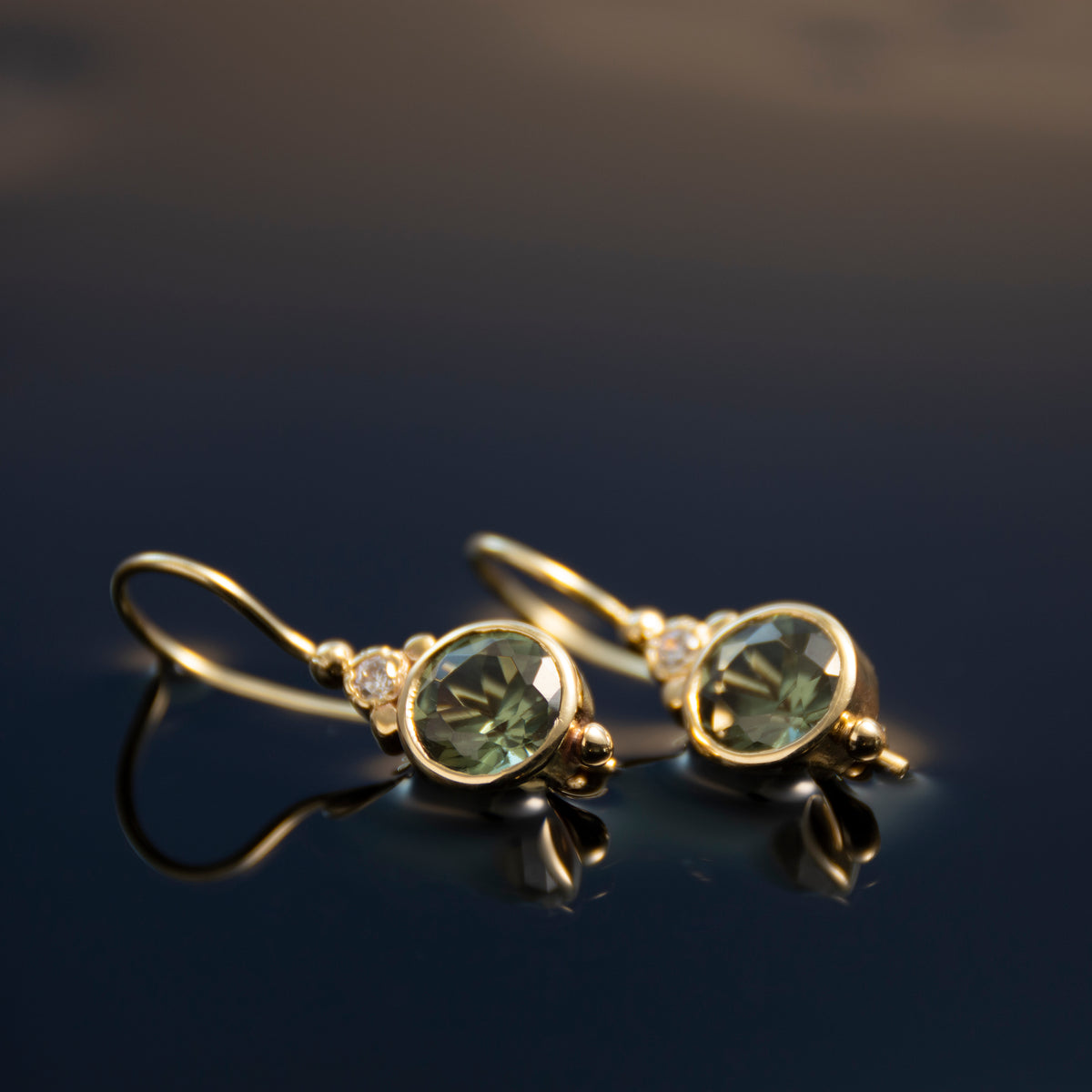 EG2217-3 Gold Drop Earrings with Green Spinel and Zircon