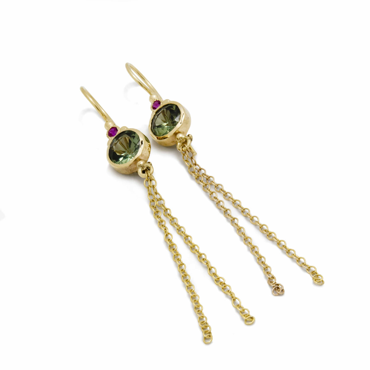 EG2217A Elegant Gold Drop Earrings With Verdant Green Spinel Centerpieces And Vibrant Ruby Accents - Handcrafted Luxury Jewelry With Delicate Chain Tassels