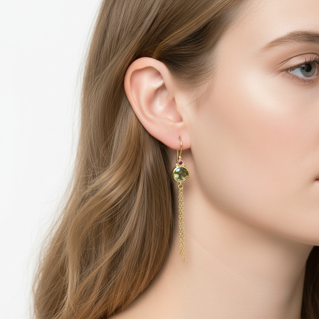 EG2217A Elegant Gold Drop Earrings With Verdant Green Spinel Centerpieces And Vibrant Ruby Accents - Handcrafted Luxury Jewelry With Delicate Chain Tassels