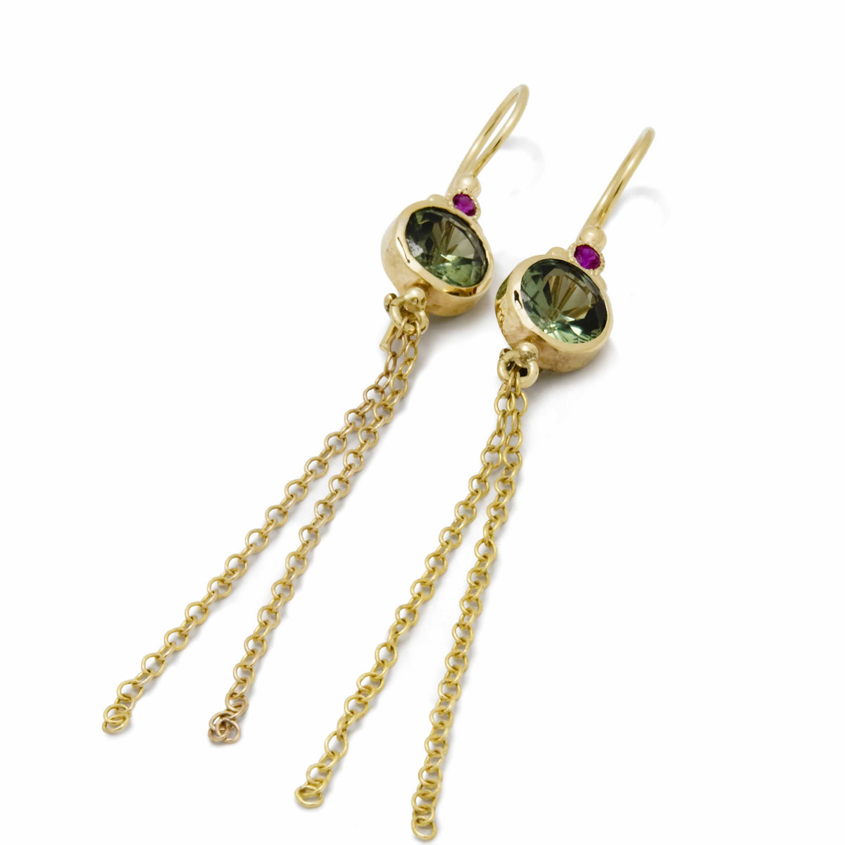 EG2217A Elegant Gold Drop Earrings With Verdant Green Spinel Centerpieces And Vibrant Ruby Accents - Handcrafted Luxury Jewelry With Delicate Chain Tassels