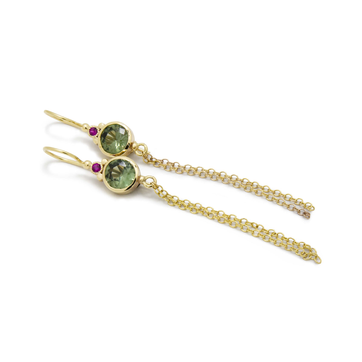 EG2217A Elegant Gold Drop Earrings With Verdant Green Spinel Centerpieces And Vibrant Ruby Accents - Handcrafted Luxury Jewelry With Delicate Chain Tassels