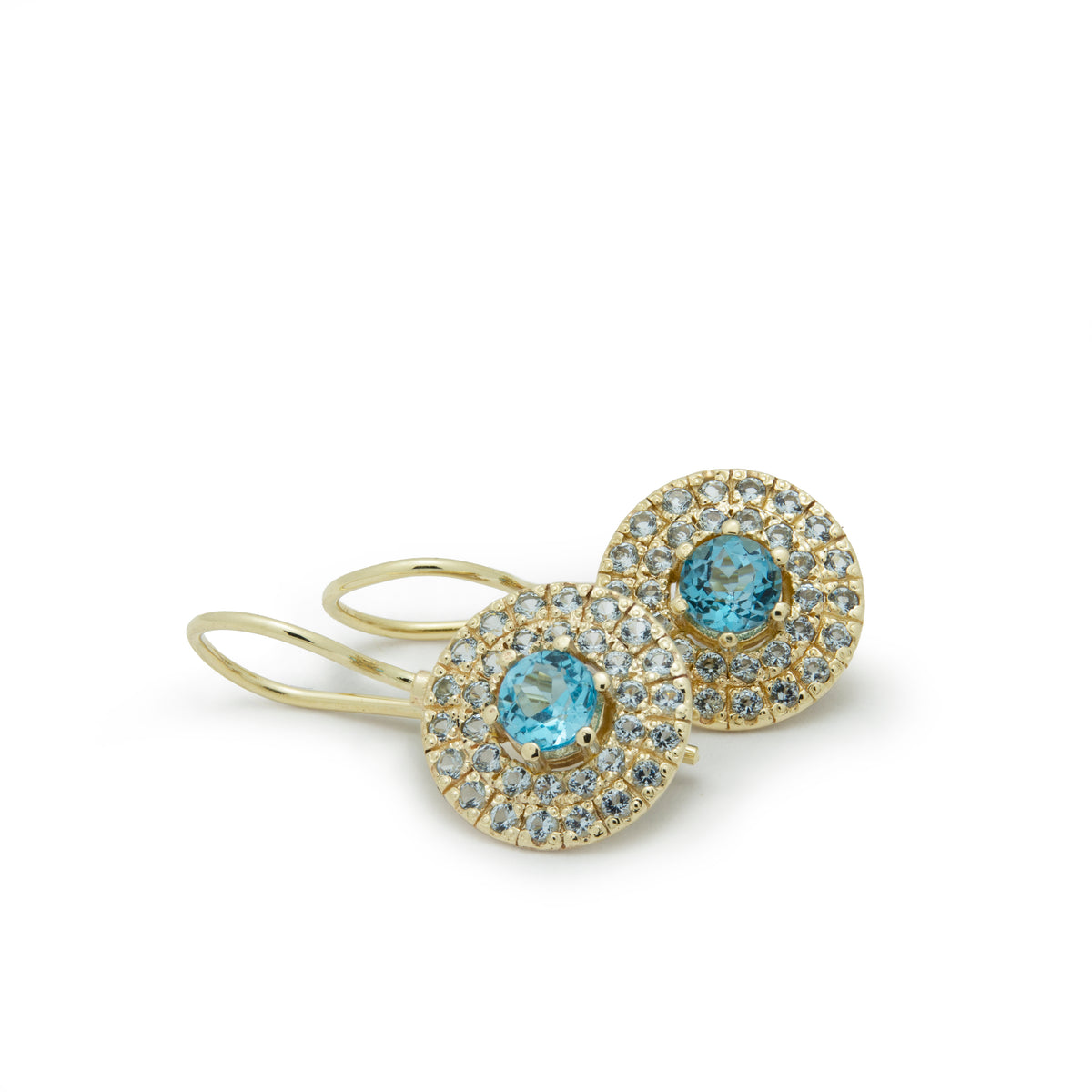 EG2245-1 Round Gold drop earrings with Blue Topaz stones set in a circle