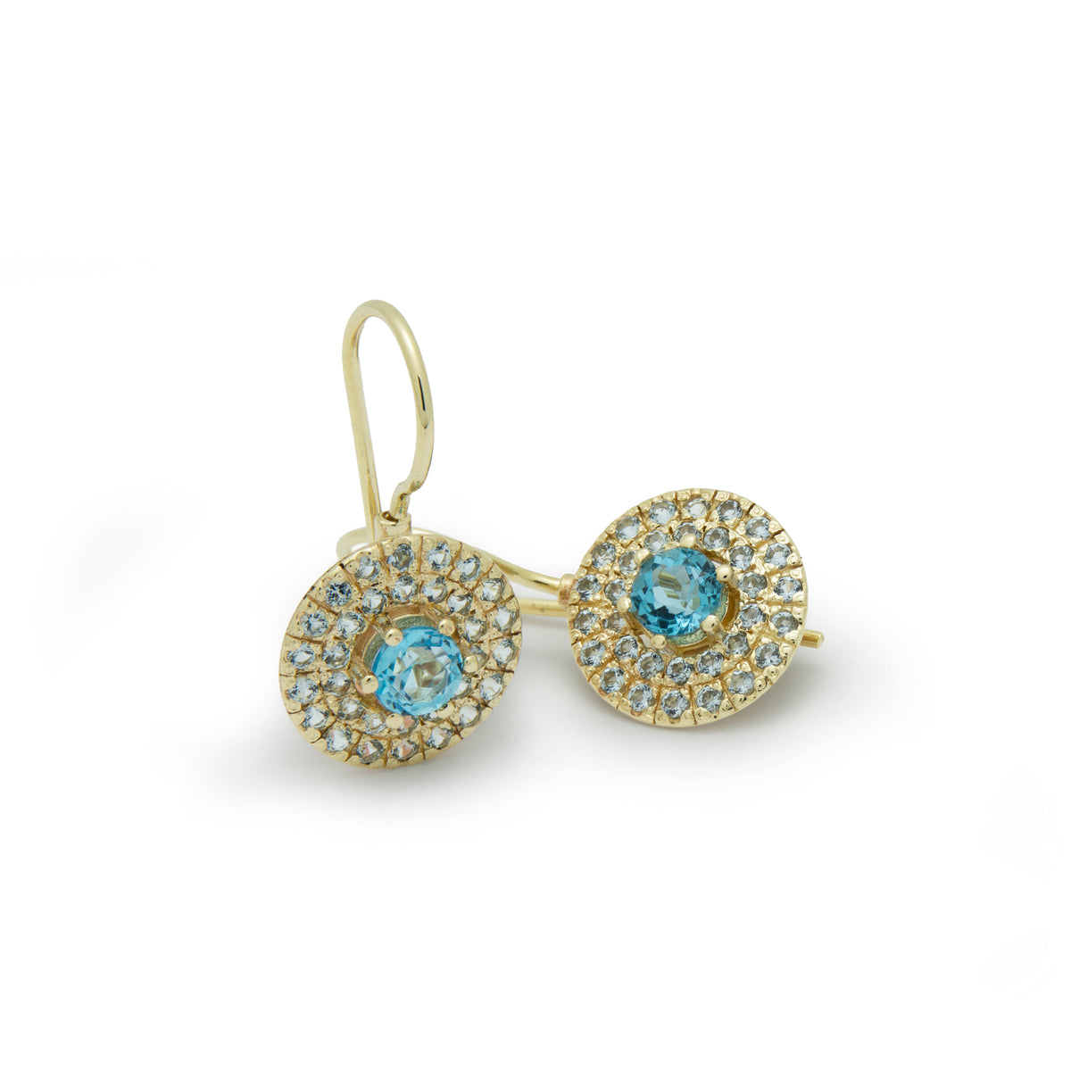 EG2245-1 Round Gold drop earrings with Blue Topaz stones set in a circle