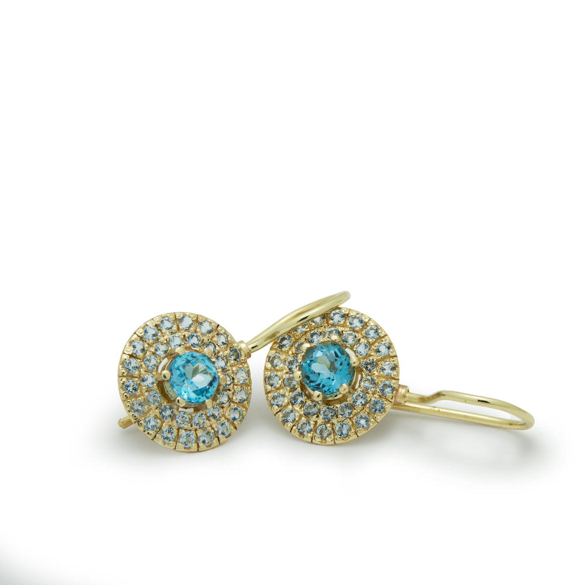 EG2245-1 Round Gold drop earrings with Blue Topaz stones set in a circle