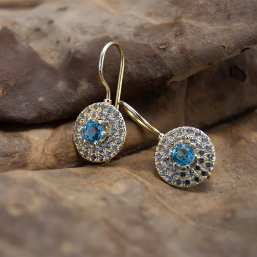 EG2245-1 Round Gold drop earrings with Blue Topaz stones set in a circle