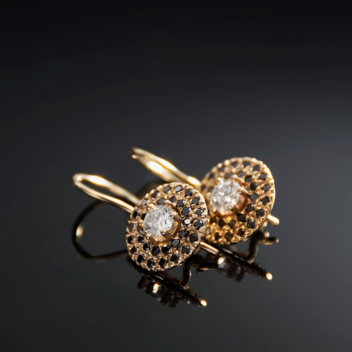 EG2245 Gold Drop Earrings with Center Diamond and Surrounding Black Diamonds