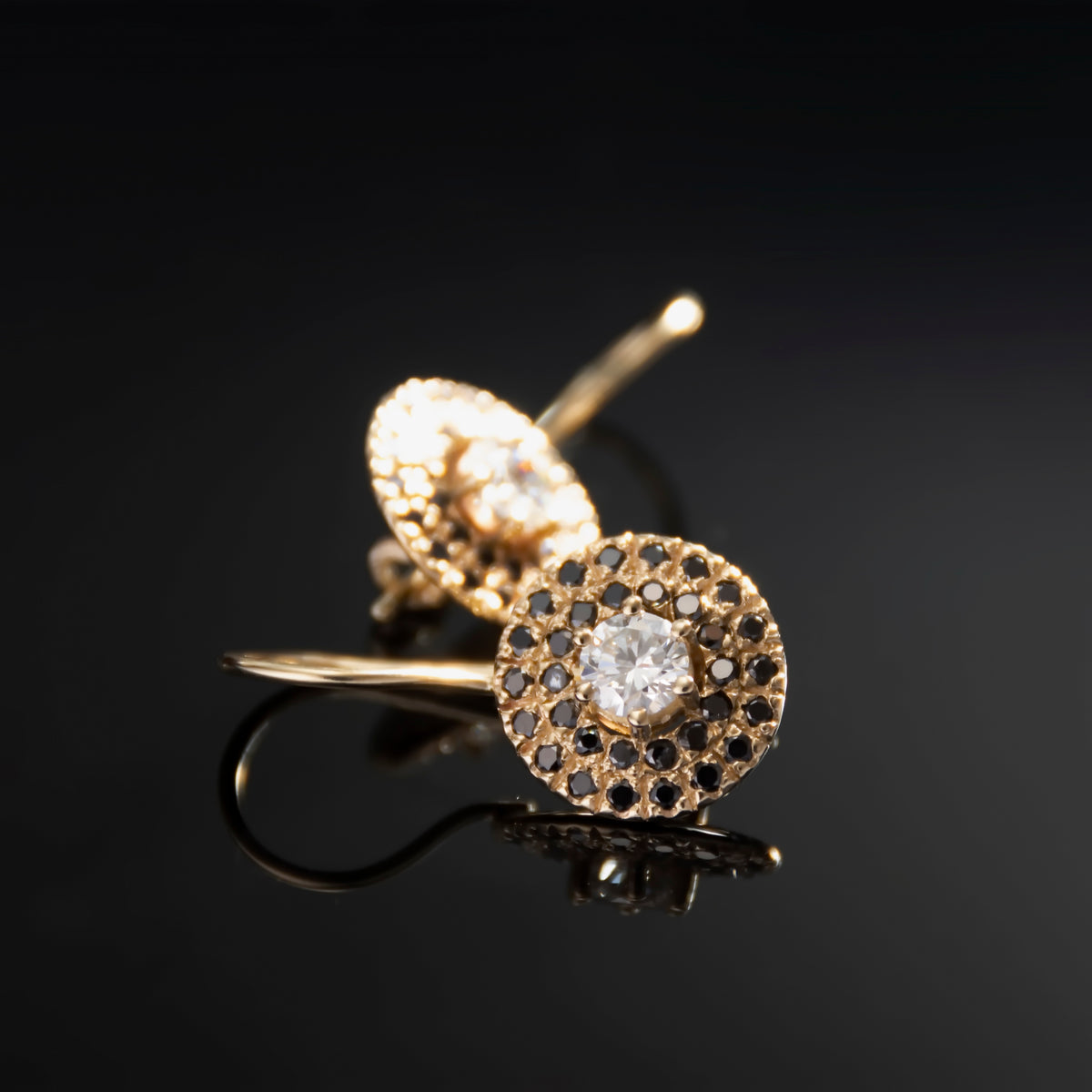 EG2245 Gold Drop Earrings with Center Diamond and Surrounding Black Diamonds