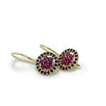 EG2246-1 Gold Drop Earrings with Ruby flower and surrounded by Sapphires