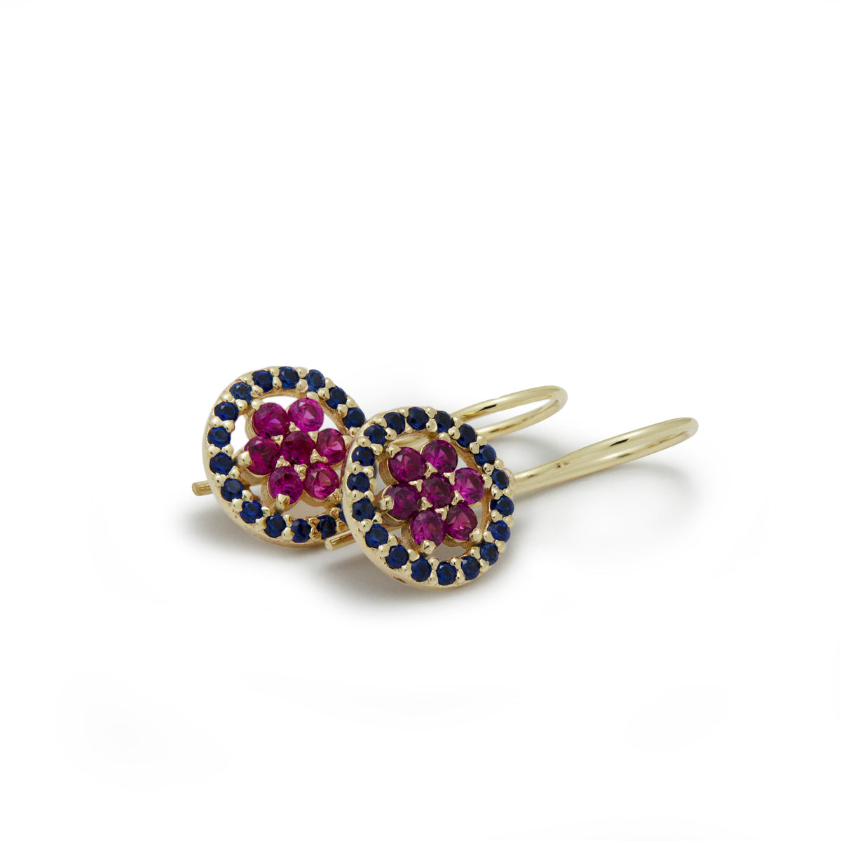 EG2246-1 Gold Drop Earrings with Ruby flower and surrounded by Sapphires