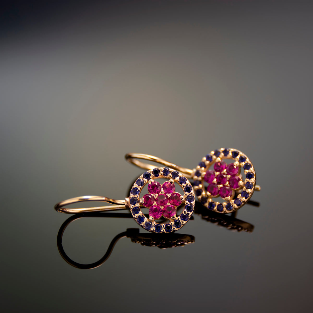 EG2246-1 Gold Drop Earrings with Ruby flower and surrounded by Sapphires