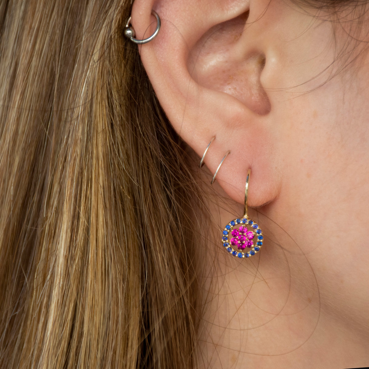 EG2246-1 Gold Drop Earrings with Ruby flower and surrounded by Sapphires