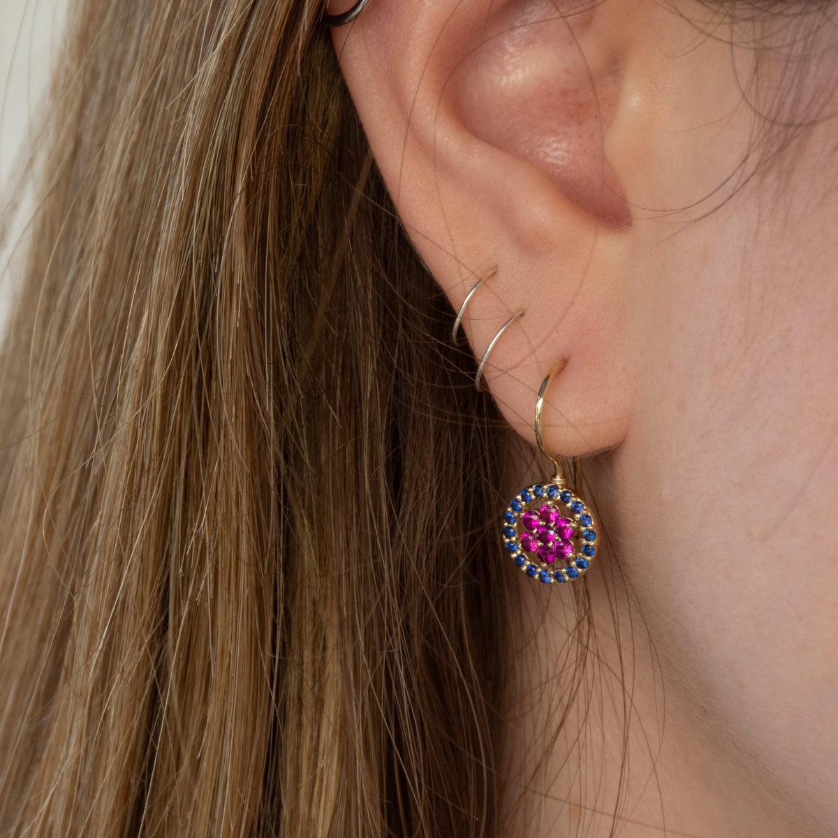 EG2246-1 Gold Drop Earrings with Ruby flower and surrounded by Sapphires