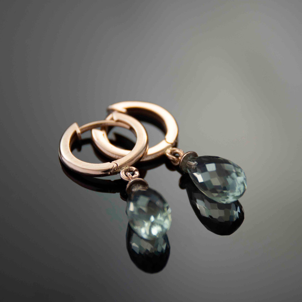 EG2249A Rose Gold Hoop Earrings with Green Amethyst Drops