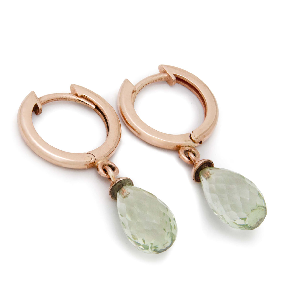 EG2249A Rose Gold Hoop Earrings with Green Amethyst Drops