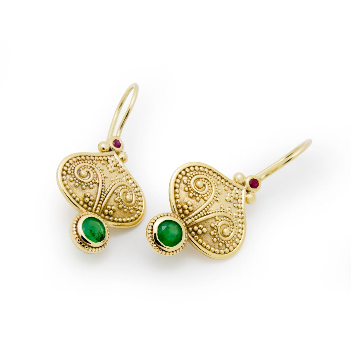 EG2254 Gold Filigree Dangle Earrings with Emerald and Ruby Accents