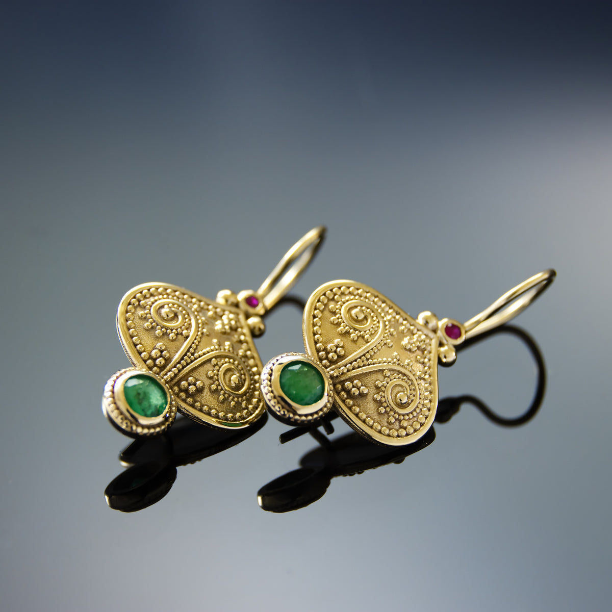 EG2254 Gold Filigree Dangle Earrings with Emerald and Ruby Accents