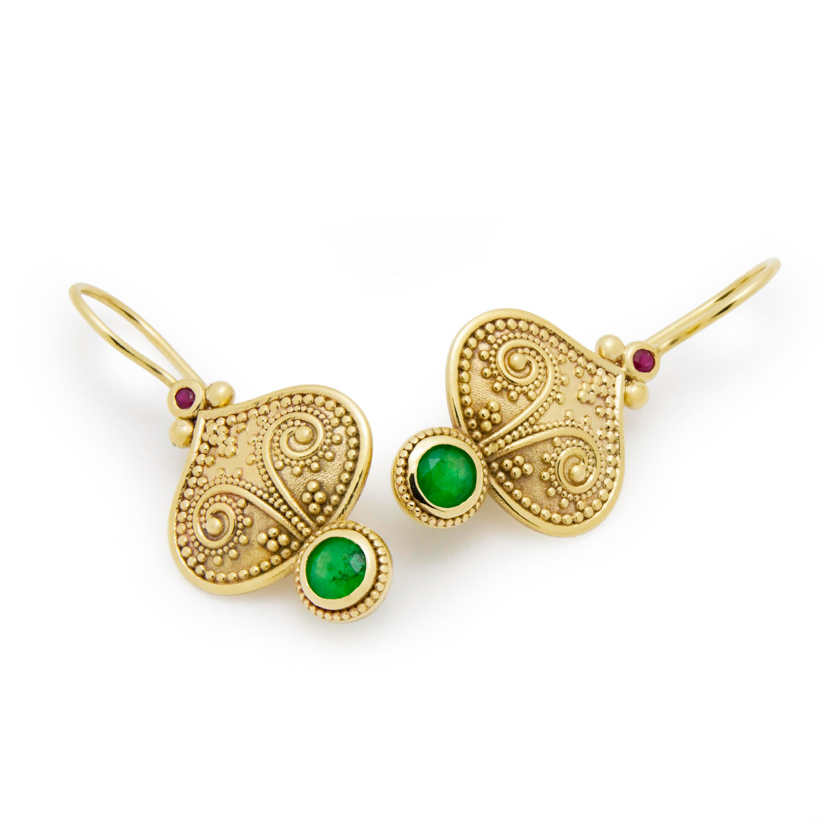 EG2254 Gold Filigree Dangle Earrings with Emerald and Ruby Accents