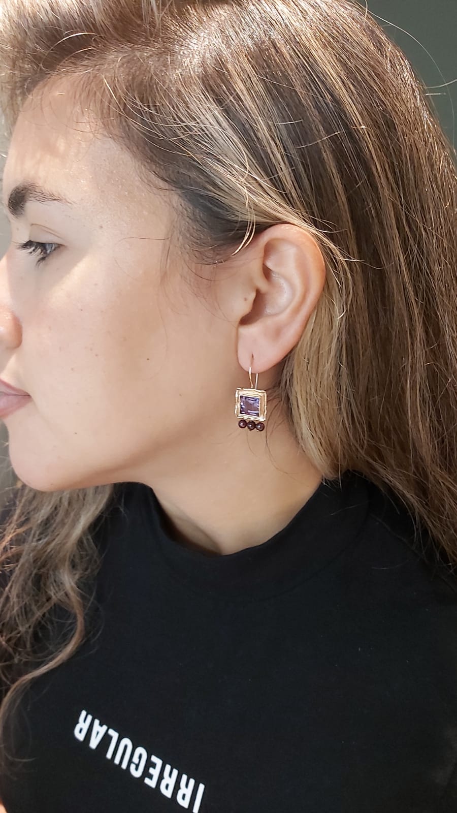 EG7705 Rose Gold chandelier Earrings with Square Amethyst and Garnets