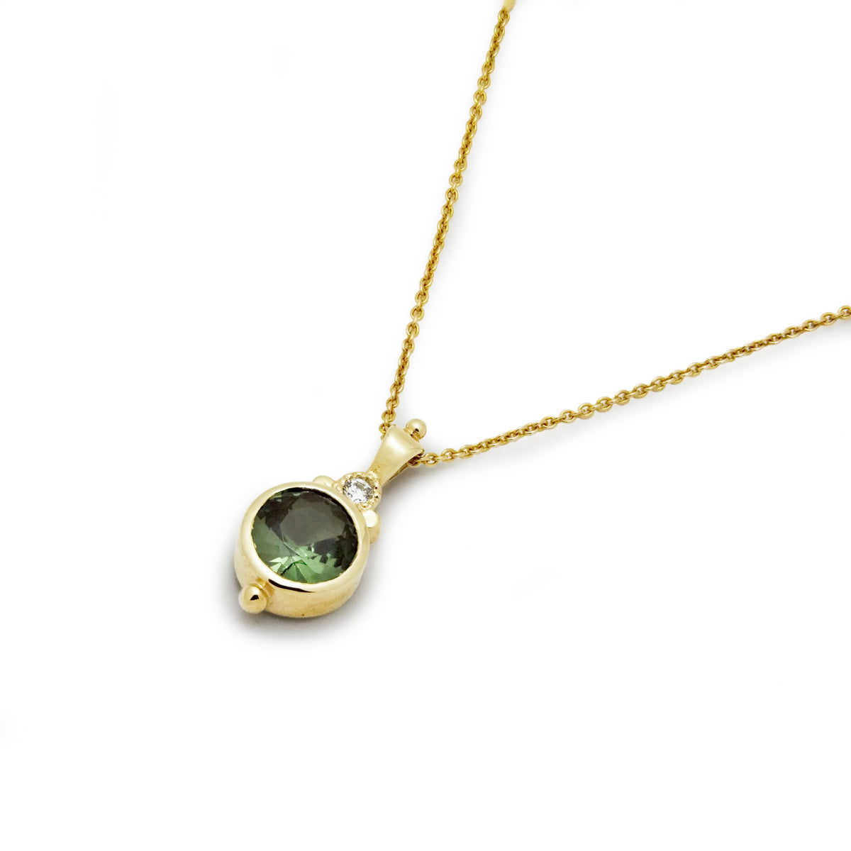 NG4747 Gold Necklace with Deep Green Spinel and Zircon Pendant