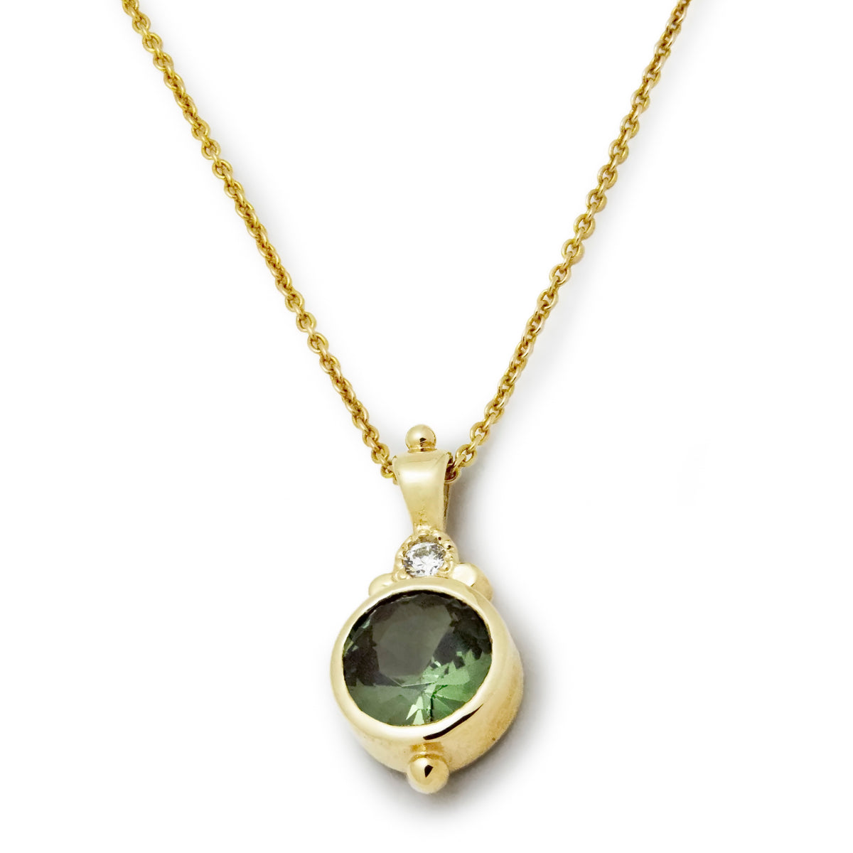 NG4747 Gold Necklace with Deep Green Spinel and Zircon Pendant