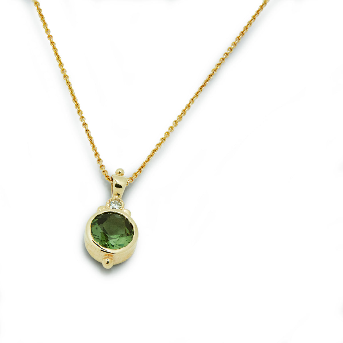 NG4747 Gold Necklace with Deep Green Spinel and Zircon Pendant