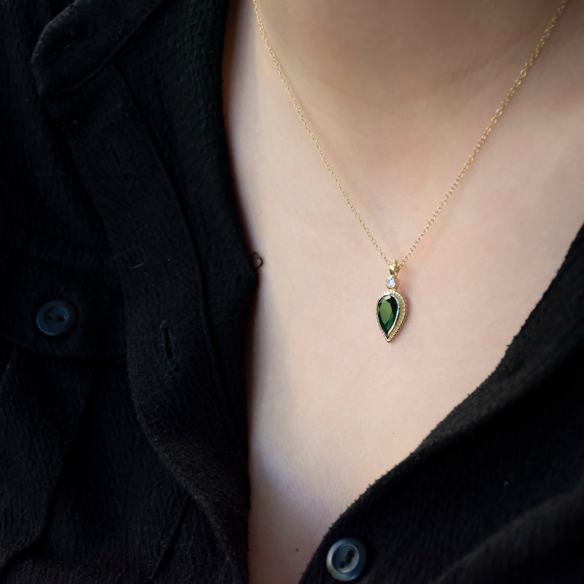 NG4748 Gold Necklace with Teardrop Emerald and Zircon Pendant