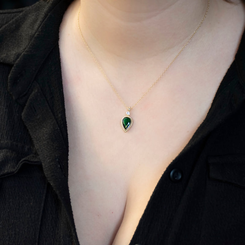 NG4748 Gold Necklace with Teardrop Emerald and Zircon Pendant
