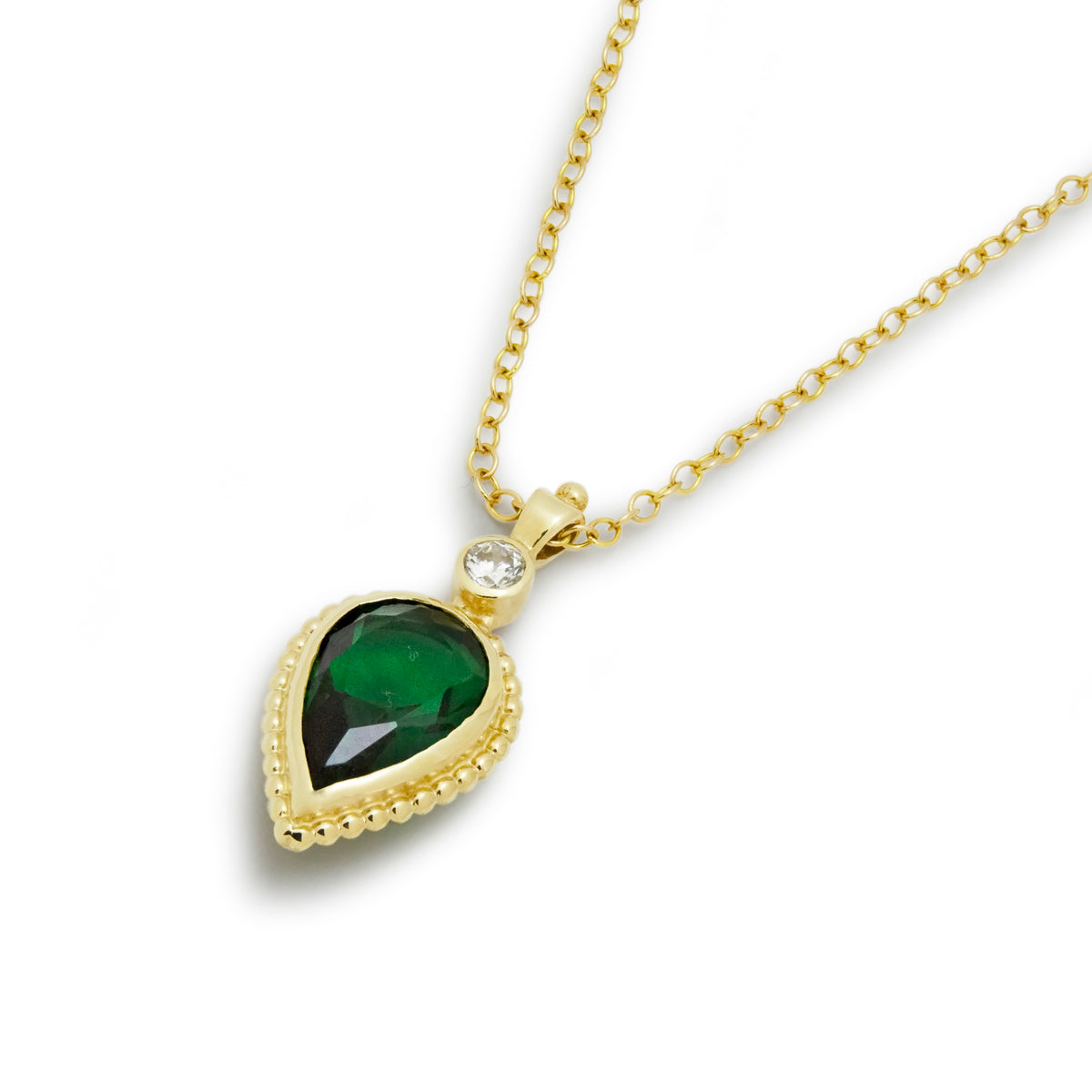 NG4748 Gold Necklace with Teardrop Emerald and Zircon Pendant