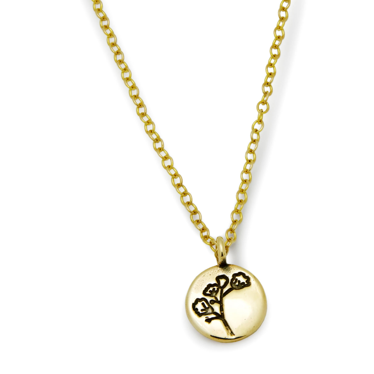 NG4768B Gold Necklace with Round Hand-Stamped Flowers Pendant