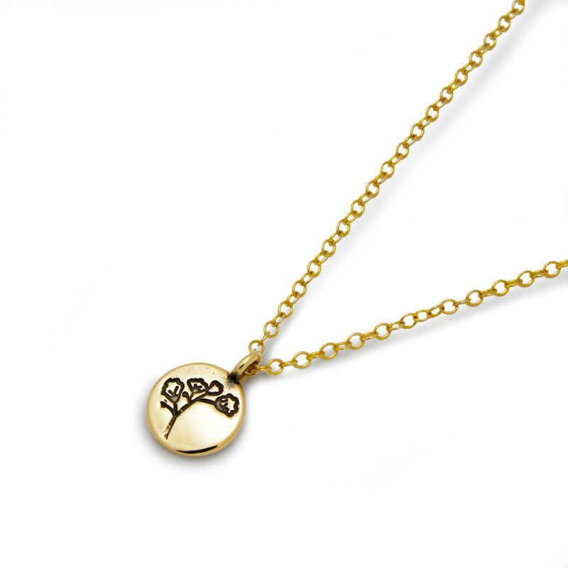NG4768B Gold Necklace with Round Hand-Stamped Flowers Pendant