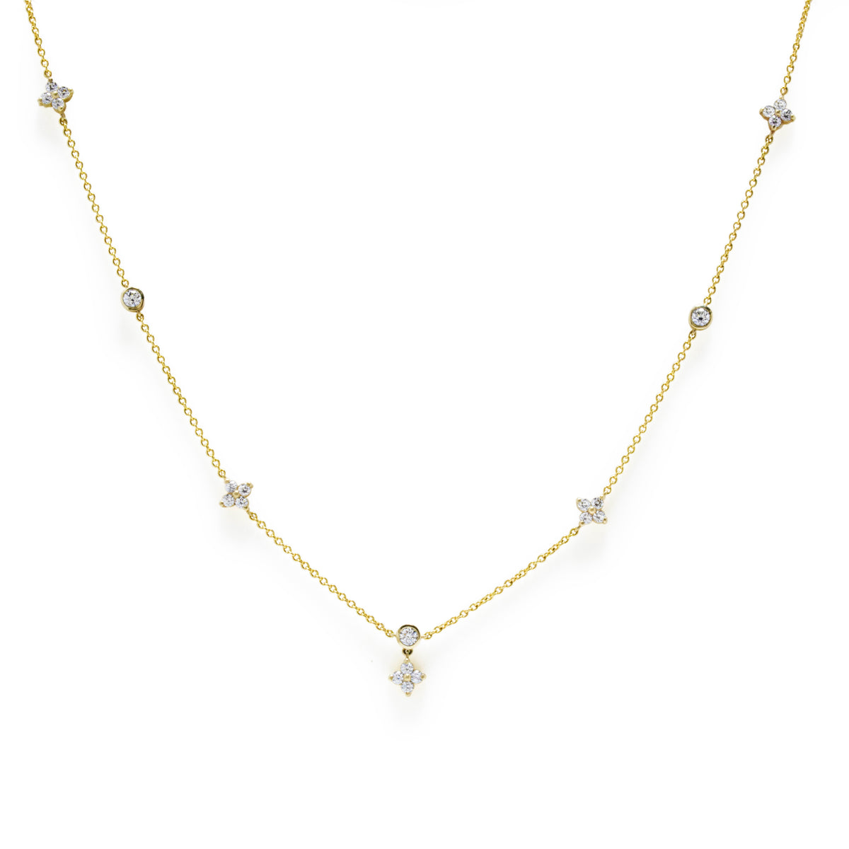 NG4780 Gold Station Necklace with Diamond-Set Flower Charms